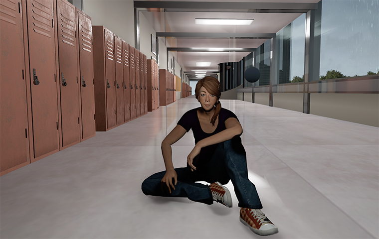 Animated student sitting in hallway of school